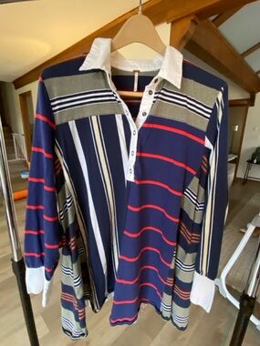 Free People Navy, Red & Olive Striped Button Polo Shirt Dress